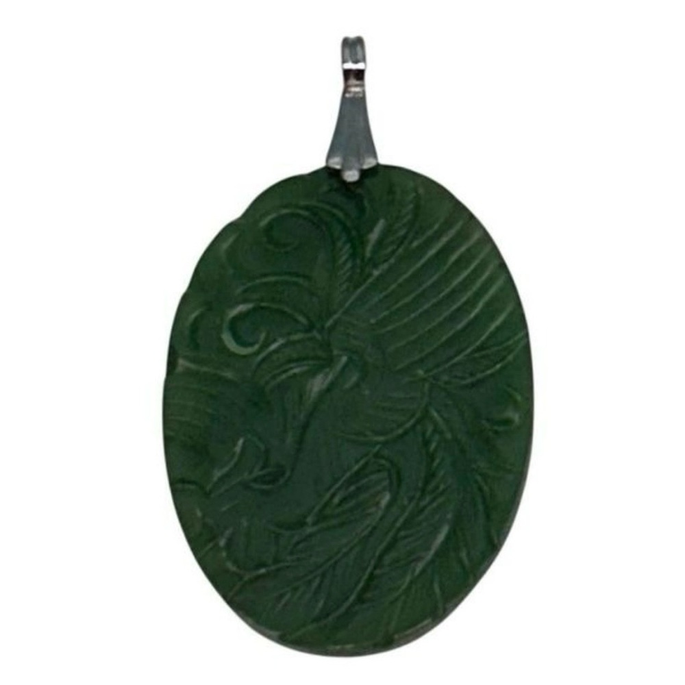 Vintage Genuine Jade Stone Pendant White Gold Bezel Unisex Green Oval Carved EUC